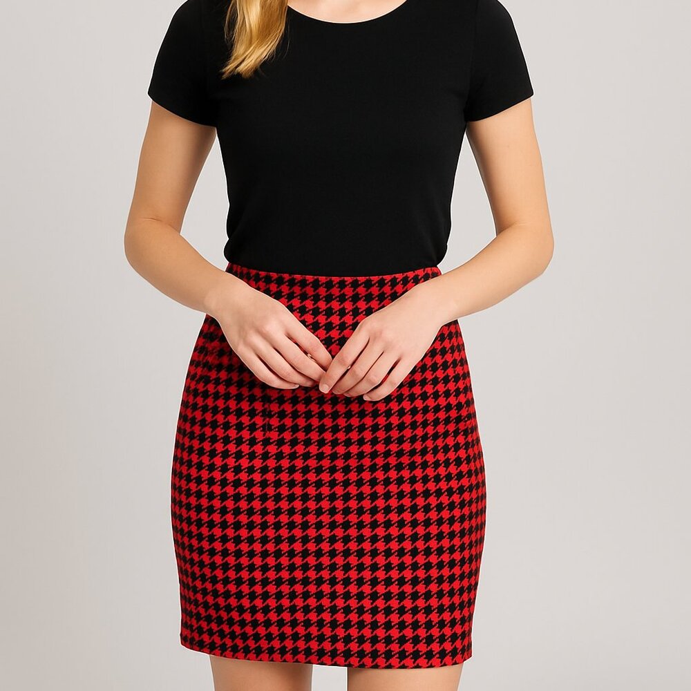 NWT Red Black Houndstooth Rainbow Pencil Skirt Career Workwear Business - Large